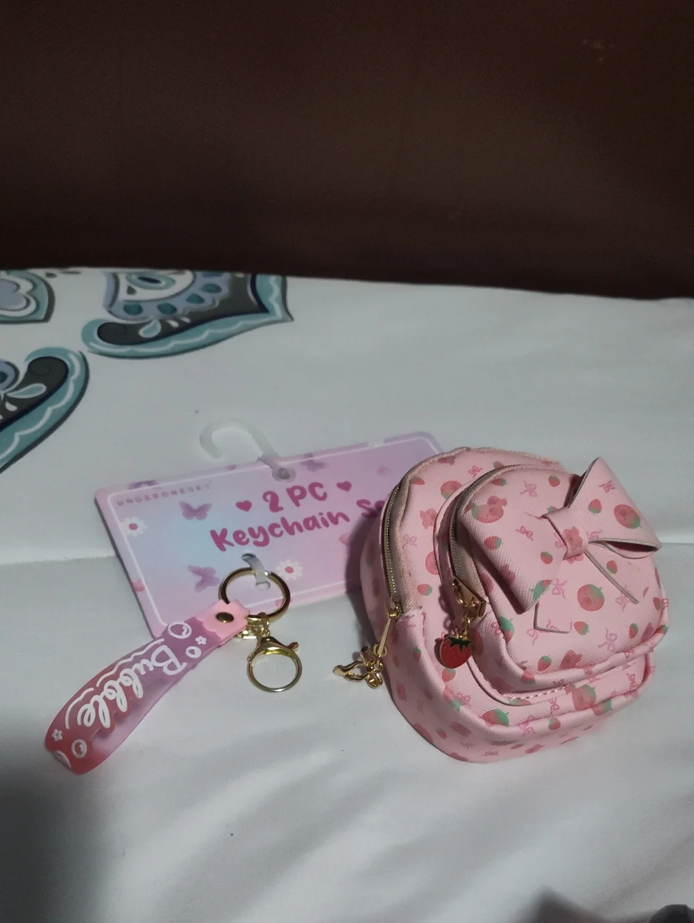 Under One Sky Pink Strawberry Bow Mini Backpack Keychain Set
